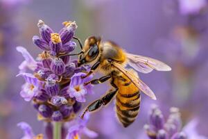 Honeybee Close-Up A Detailed View of a Honeybee Collecting Pollen from Lavender, Exhibiting its Unique Anatomy and Pollination Behavior in Stunning Detail. Insect Life Cycle and Ecosystem Importance. photo