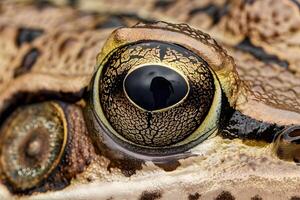 Exploring the Intricate Details of a Frog's Eye A Close-Up Macro View Revealing Complex Textures and Patterns of Nature's Masterpiece, Showcasing the Beauty and Wonder of Amphibian Vision. photo