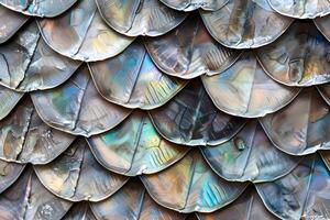 Close-Up View of Overlapping Scaled Texture, Showing Iridescent and Multi-Colored Abstract Patterns Detailed Examination of a Unique Surface Design, Revealing Intricate Details and Artistic Appeal. photo