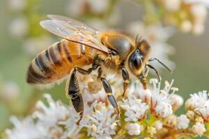 Honeybee Close-Up A Detailed Examination of its Anatomy, Pollen Collection Process, and Flight Mechanics, Showcasing the Insect's Vital Role in Pollination and Ecosystem Balance. photo