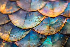 Abstract Colorful Scales A Vibrant Close-Up of Interlocking, Iridescent, Textured Patterns, Showing Diverse Hues and Shimmering Effects with Intricate Details, Revealing a Stunning Visual Masterpiece. photo