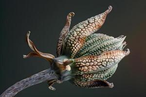 Close-Up View of a Unique Plant Seed Pod Detailed Textures, Patterns, and Colors of a Dried Seed Head, Revealing Intricate Botanical Structures, Capturing the Beauty of Nature's Designs. photo