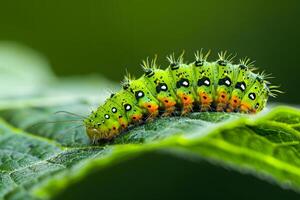 Vibrant Green Caterpillar Crawls on Lush Leaf, Displaying Intricate Markings and Spiky Texture, A Close-Up View of Nature's Tiny Wonders, Exploring the Beauty of Insect Life. photo