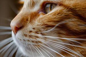 Close-Up of Ginger Cat's Face Reveals Whiskers, Fur, and Eyes A Detailed Look at Feline Features, Textures, and Colors Exploring the Anatomy of a Domestic Cat Up Close. photo