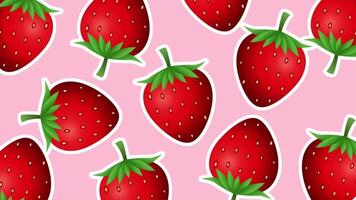 A full pattern of bright strawberries scattered evenly across a pink background, creating a fun and vibrant wallpaper-like design video
