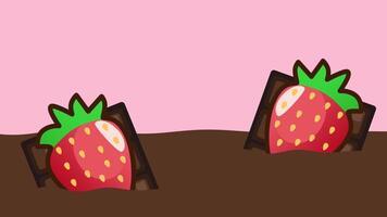 Strawberries are half-submerged in chocolate on a pink background, blending indulgence with sweetness in a charming food display video