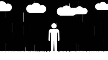 A figure stands under rain and clouds, representing sadness, solitude, or reflection in a minimalistic black-and-white visual theme video
