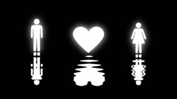 Two figures and a heart are mirrored beneath them, representing emotional connection, romance, and reflective love in a symbolic black-white theme video