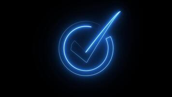 Glowing neon tick mark in circle black background. Check mark animation, Right Tick Mark Symbol Animation. Animation of Check Mark Sign. 4k, correct or right choice icon animation. video