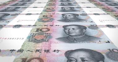 Banknotes of ten renminbi chinese rolling, cash money, loop. 4K Vertical video
