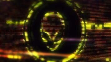 Alien face emerging from binary code on computer screen video