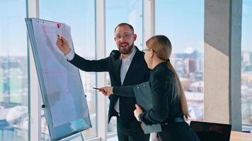 Man and woman talk about business project. Business entrepreneurs discuss a new strategy on a board in the office with a city view through the window. video