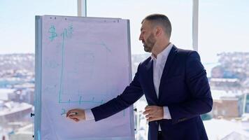 Businessman making notes with a marker. Successful entrepreneur writing on a board in the office center on the background of the window. Planning business. video