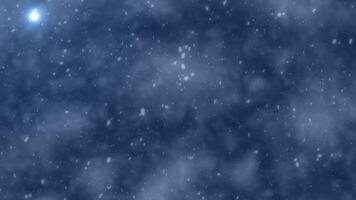 Animated sky background. Clouds against the background of a dark sky with the moon. Background of snowflakes falling snow. The effect of falling snowflakes and winter sparkle. video