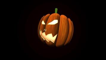 animación de un calabaza Moviente en un circulo con un animado brillante cara en un oscuro antecedentes. video