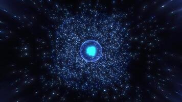 Animation of abstract energy. A burning energy sphere surrounded by particles. Background animation of an energy ball with particles. Abstract energy sphere ball with power rice in the dark. video