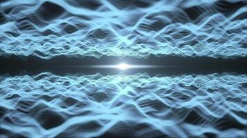 Animated background of waves of particles from below and above with a light beam in the middle. 4K. Looped video