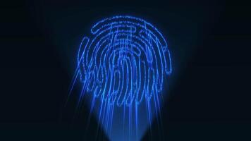 Animated biometric security background with glowing neon fingerprint. Abstract technology animation of fingerprints on sleek black background. Fingerprint background. Fingerprint scan icon animation video