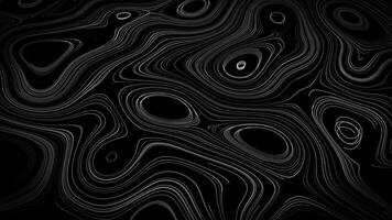 Turbulence of particle lines. Digital technological animation. Abstract animated contour topographic. Contour map or topographic texture. Moving waves on a black background. 4K video