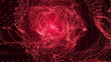 Abstract red particles with random movement. A tunnel with a pulsating light inside. 4K nimtsiya video
