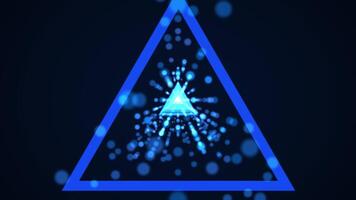 Glowing triangle tunnel with particles moving towards. Neon triangle. Portal video