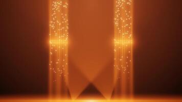 Golden rays of light, along which particles fall, illuminated by spotlights. Shining gold particles. Particle background. Seamless looping animation video