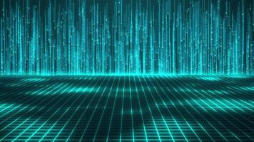 Abstract digital glowing particles flying upward background. Futuristic cyber scene, sci-fi mesh, technology glowing surface, neon night scene, digital science background. 4K. video