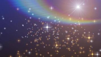 Particle background. Star shaped particles flying towards the light and rainbow. Colorful particles background. 4K, seamless loop. video