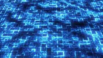 Background consisting of square elements. Abstract futuristic cyber world scene, sci-fi mesh, technology glowing surface, neon night scene, digital science background. 4K. video