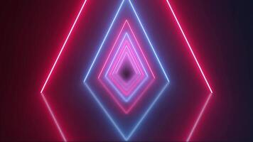 Blue red triangular shaped tunnel, futuristic abstract neon background with glowing room. Corridor futuristic glowing neon lines. video