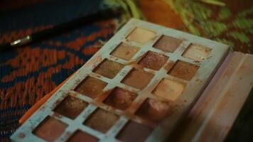 A close-up view of a used eyeshadow palette with various shades of neutral colors. The palette is slightly dirty, indicating frequent use. A blurred background suggests a casual setting video