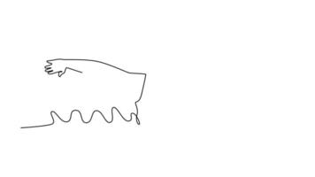 Self drawing animation of single line beauty girl in goggles and cap swimming butterfly stroke style in water pool. Determined athlete training for championship. Continuous line. Full length animated video