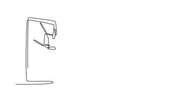 Self drawing animation of single line draw beauty woman swimmer getting ready to swim in swimming pool near starting block. Focused and ready for competitive race. Continuous line Full length animated video