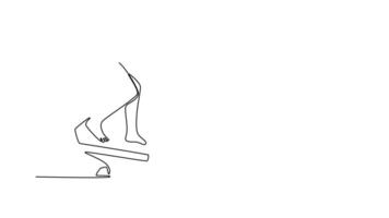 Self drawing animation of single line draw female swimmer getting ready to jump in swimming pool at starting block. Focused and ready for competitive competition. Continuous line. Full length animated video
