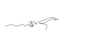 Animated self drawing of continuous line draw professional male athlete swimming backstroke in the pool. Healthy water sport. Focused and ready for competitive race. Full length single line animation video