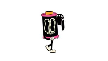 Groovy retro cartoon film roll character with a funky vintage vibe. Walking Loop Animation. Alpha channel transparency video