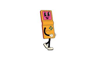 Groovy Retro Yellow Handheld Gaming Console Cartoon Character. Fun Walking Animation. Alpha channel transparency video