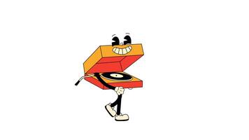 Groovy retro cartoon record player character with vinyl, spinning tunes in a fun and nostalgic vintage style. Walking Loop Animation. Alpha channel transparency video