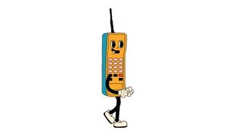 Groovy retro cartoon phone character with a funky vibe. Walking Loop Animation. Alpha channel transparency video