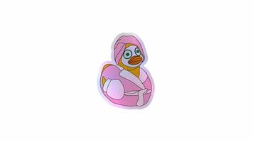 Cartoon rubber duck in spa day mode, wearing a bathrobe and cucumber face mask, enjoying a moment of relaxation and self-care. Alpha channel transparency video