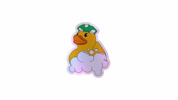 A cute rubber duck taking a bath surrounded by bubbles, wearing a shower cap. Alpha channel transparency video