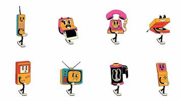 Funky Cartoon Collection of Old-School Electronics. Walking Loop Animation. Alpha channel transparency video