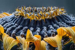 Close-Up View of a Sunflower's Disc Florets, Petals, and Pollen Covered in Frost, Showcasing Nature's Intricate Details with Stunning Visuals, Revealing the Beauty of Botanical Structures. photo