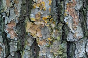 Exploring the Abstract Textures A Detailed Look at Tree Bark with Diverse Colors, Patterns, and Lichen Growth, Revealing Nature's Intricate Art in Stunning Close-Up Photography. photo
