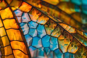 Exploring Vibrant Hues A Close-Up Look at Abstract Cellular Structures with Interlocking Geometric Patterns, Showcasing Rich Textures and Iridescent Colors in a Dynamic Composition photo