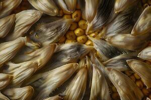 Close-Up View of Dried Sunflower Head Detailed Macro Photography Revealing Intricate Seed Structure and Petal Texture, Exquisite Botanical Details Showcasing Nature's Artistry. photo