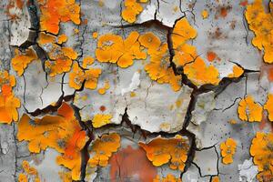 Orange Lichen Growth on Cracked Surface A Detailed Macro View of Nature's Abstract Art, Showing Textural Beauty and Vibrant Color Combinations, Capturing the Essence of Decay and Renewal. photo