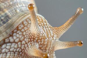Close-Up Detailed View of a Snail's Foot Exploring the Amazing Textured Anatomy and Unique Movement of Gastropods, Unveiling the Microscopic World of Nature's Tiny Creatures. photo