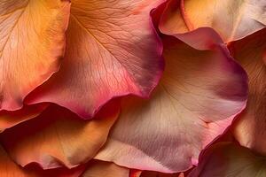 Close-Up View of Rose Petals Intricate Veining and Color Transitions of Delicate Flower Petals, Displaying Natural Beauty and Textures of Botanical Wonders. Stunning Macro Photography. photo