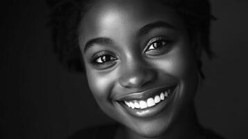 A Radiant Black and White Portrait of a Smiling Young Woman photo